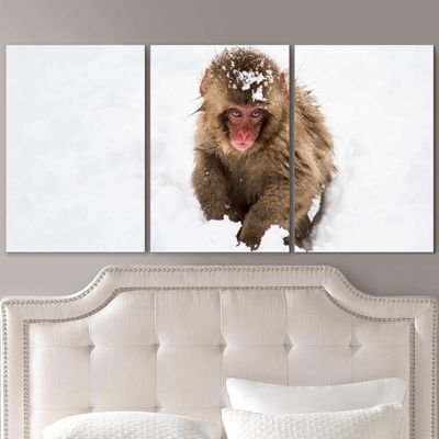 SIGNLEADER Monkey in The Snow Wall Art Animals Canvas Prints for Living Room Bedroom Multicolor Photography - 24"x36" x 3 Panels