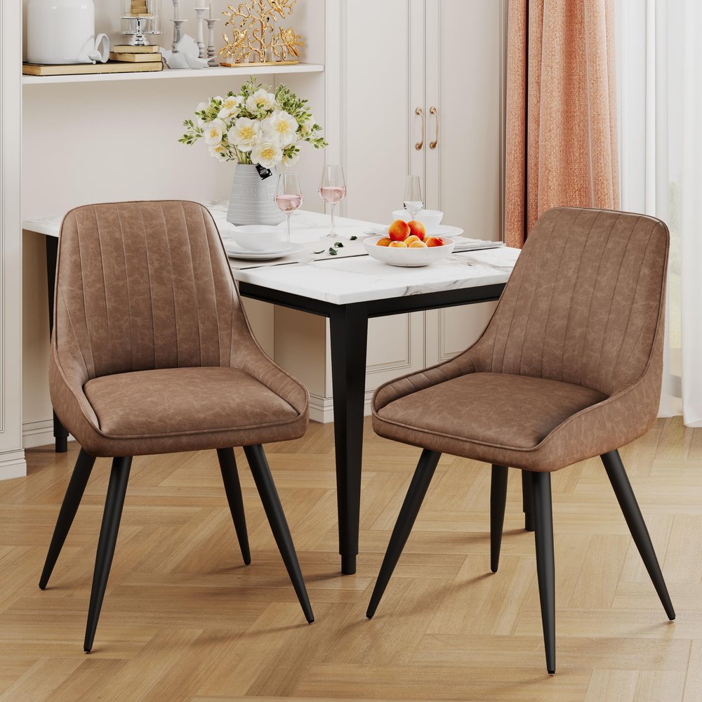 Alunaune Brown Modern Dining Chairs Set of 2 Upholstered Kitchen Chairs, Mid Century Faux Leather Leisure Accent Chair Armless Living Room Desk Side Chair with Metal Legs