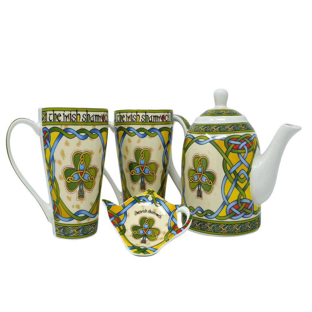 Royal Tara Set of Irish Shamrock Cup 1 Shamrock Porcelain Teapot Tea Bag Holder - Irish Tea Pot Celtic Knot Tea Kettle with Removable Lid (Teapot 2Mugs and Tea Bag Holder)