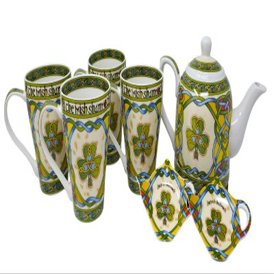 Royal Tara Traditional Irish Shamrock Tea Set of New Bone China Teapot & 4 Cups & 2 Teabag Holders Packed in Irish Weave Box