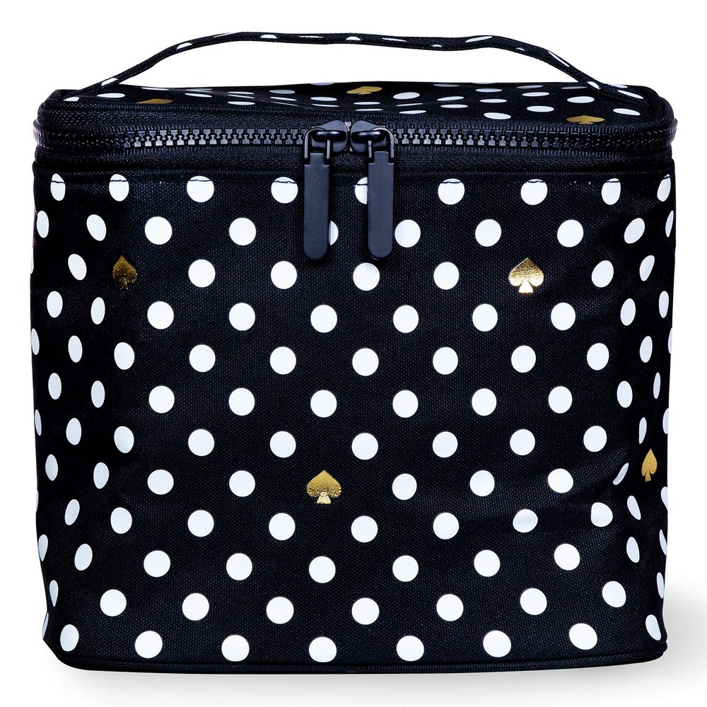 Kate Spade New York Insulated Soft Cooler Lunch Tote with Double Zipper Close and Carrying Handle, Polka Dots (Black/White)