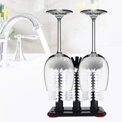 3 Brush Glass Washer Brush Cleaner, Glass Bottle Cup Cleaning Brushes with Suction Base for Kitchen Sink Bar