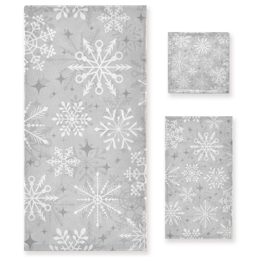 ALAZA Silver Snowflake Towel Set - 3 Soft, Highly Absorbent Towels for Bath, Kitchen, Beach & Spa