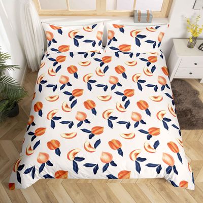 Feelyou Girls Peach Comforter Cover Set Cute Peach Bedding Set Kawaii Room Decor for Kids Teens,Lovely Cartoon Fruit Duvet Cover Reversible,Full Size Women Nature Bedspread Cover Stripes,Soft Zipper
