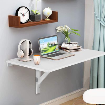 Byroce Wall Mounted Folding Table, 31.5 x 23.5 Wood Floating Desk for Laptop, Study & Dining in Balcony, Bedroom, Bathroom, Kitchen, Drop-Leaf Wall Desk Fold Down for Small Spaces (White)