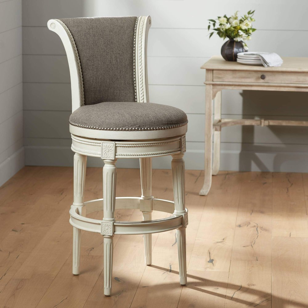 55 Downing Street Oliver Vintage White Wood Swivel Bar Stool 30" High Farmhouse Rustic Pewter Gray Upholstered Round Cushion with Scroll Backrest Footrest for Kitchen Counter Height Island