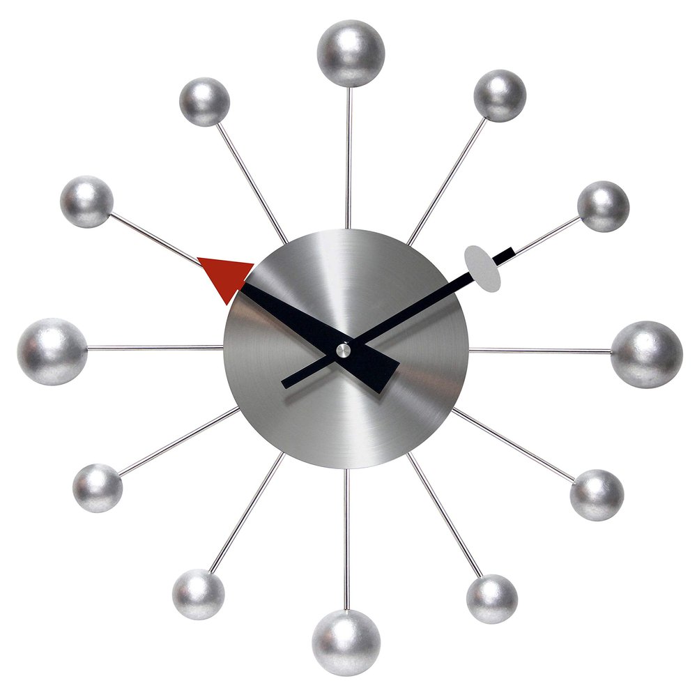 Infinity Instruments Orb Spoke Midcentury Modern 15 inch Retro Starburst Ball Wall Clock Quiet Quartz Movement Mid Century Modern Decorative (Silver)
