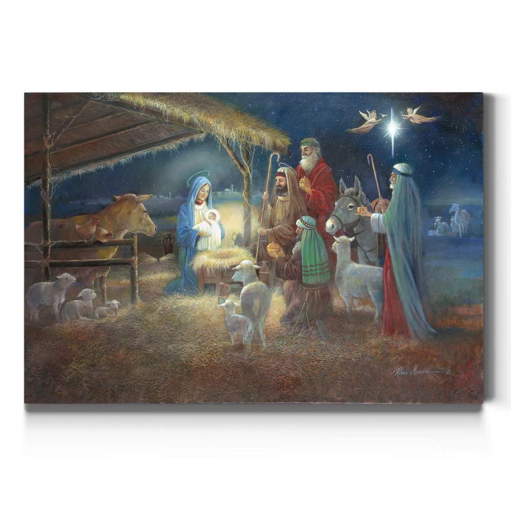 Renditions Gallery A Child is Born Wall Art, Christ in a Manger, Jesus Christ, Mary & Joseph, Religious Christmas Scene, Gallery Wrapped Canvas Decor, Ready to Hang, 12 in H x 18 in W, Made in America