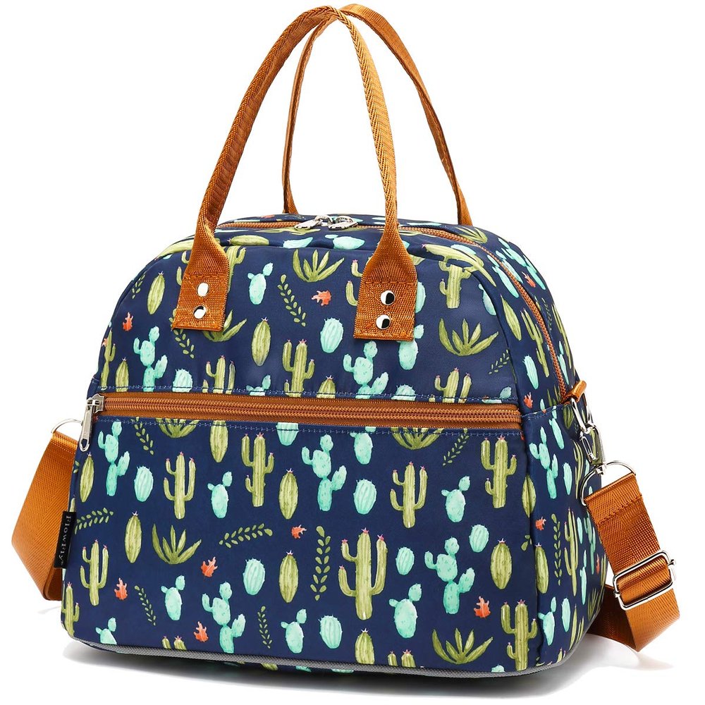 FlowFly Insulated Lunch Bag With Shoulder Strap for Women, Men, and Kids, Large and Reusable, Handle, Freezable Work and School Travel Tote and Meal Prep Organizer,Cactus