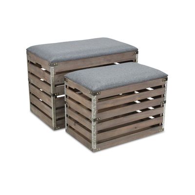 Cheungs Set of 2 Rectangular Wood Slat Storage Metal Accents and Cushioned Lid Bench, Small, Brown