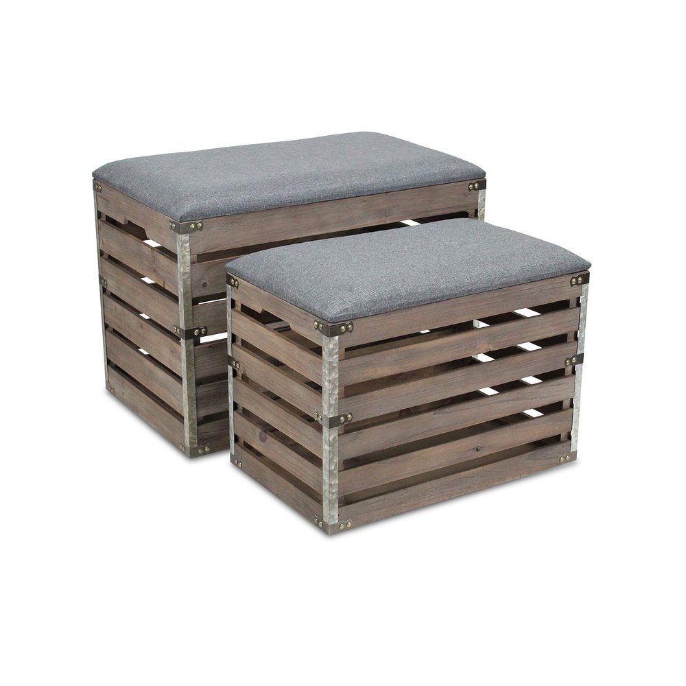 Cheungs Set of 2 Rectangular Wood Slat Storage Metal Accents and Cushioned Lid Bench, Small, Brown