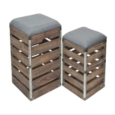 Cheung's Set of 2 Square Wood Slat Storage Metal Accents and Cushioned Lid Bench, Brown