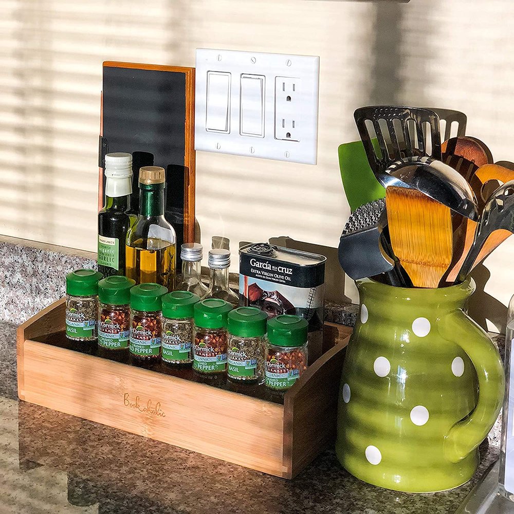 Countertop Organizer and Spice Rack Multi-Purpose Natural Bamboo Storage Shelf for Kitchen, Bathroom, or Office