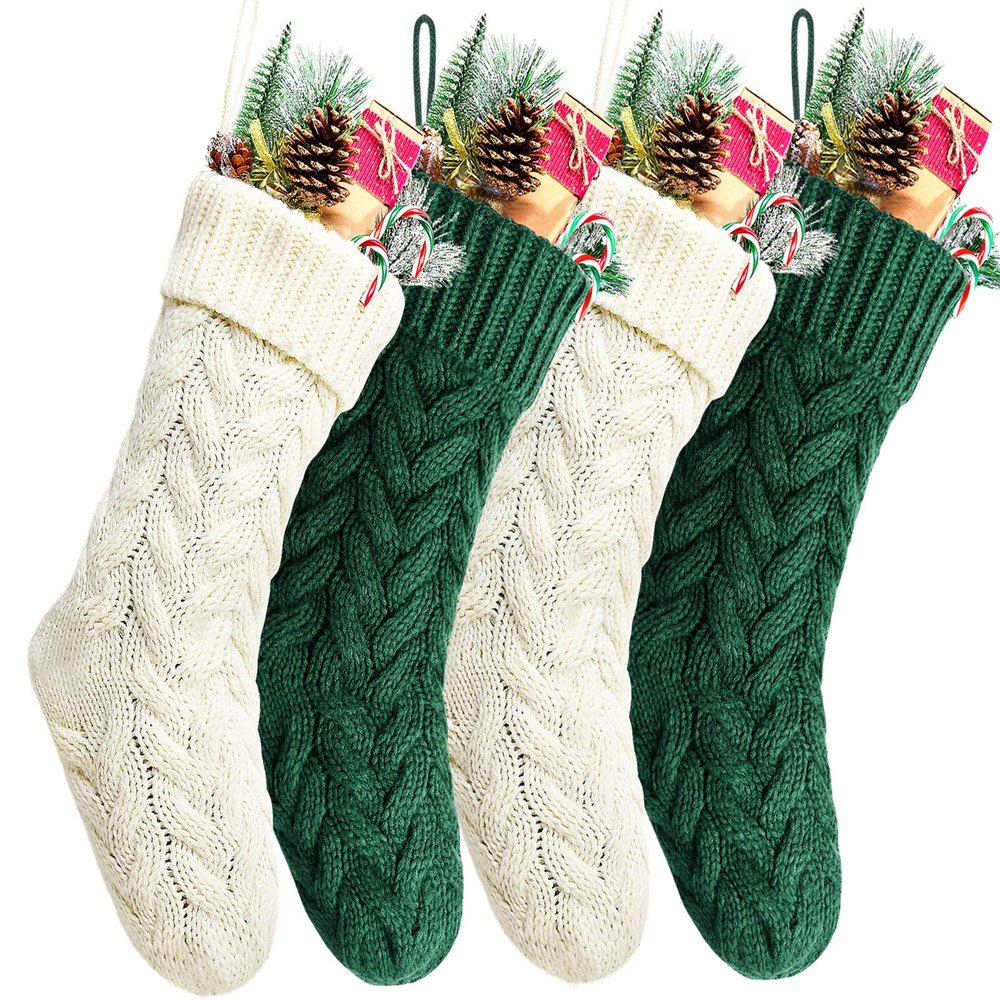 18" Green and Ivory Knit Christmas Stockings,4 Pack