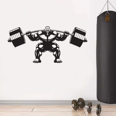 Gorilla Gym Wall Decal Lifting Gorilla Fitness Motivation Muscle Brawn Barbell Gym Crossfit Sport Art Mural Vinyl Sticker (64"W x 30"H)