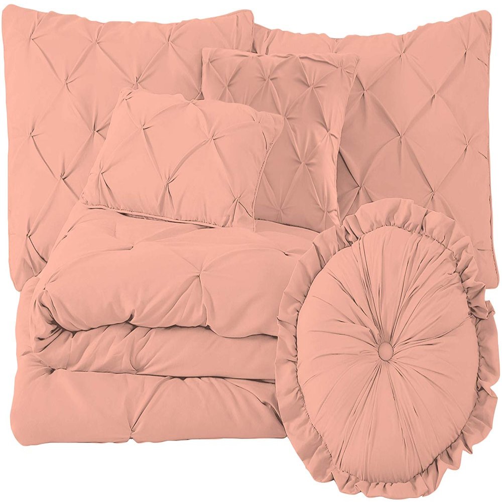 100% Egyptian Cotton 7-Piece Pinch Pleat Pintuck Bedding Comforter Set, 800 Thread Count (Queen, Peach)