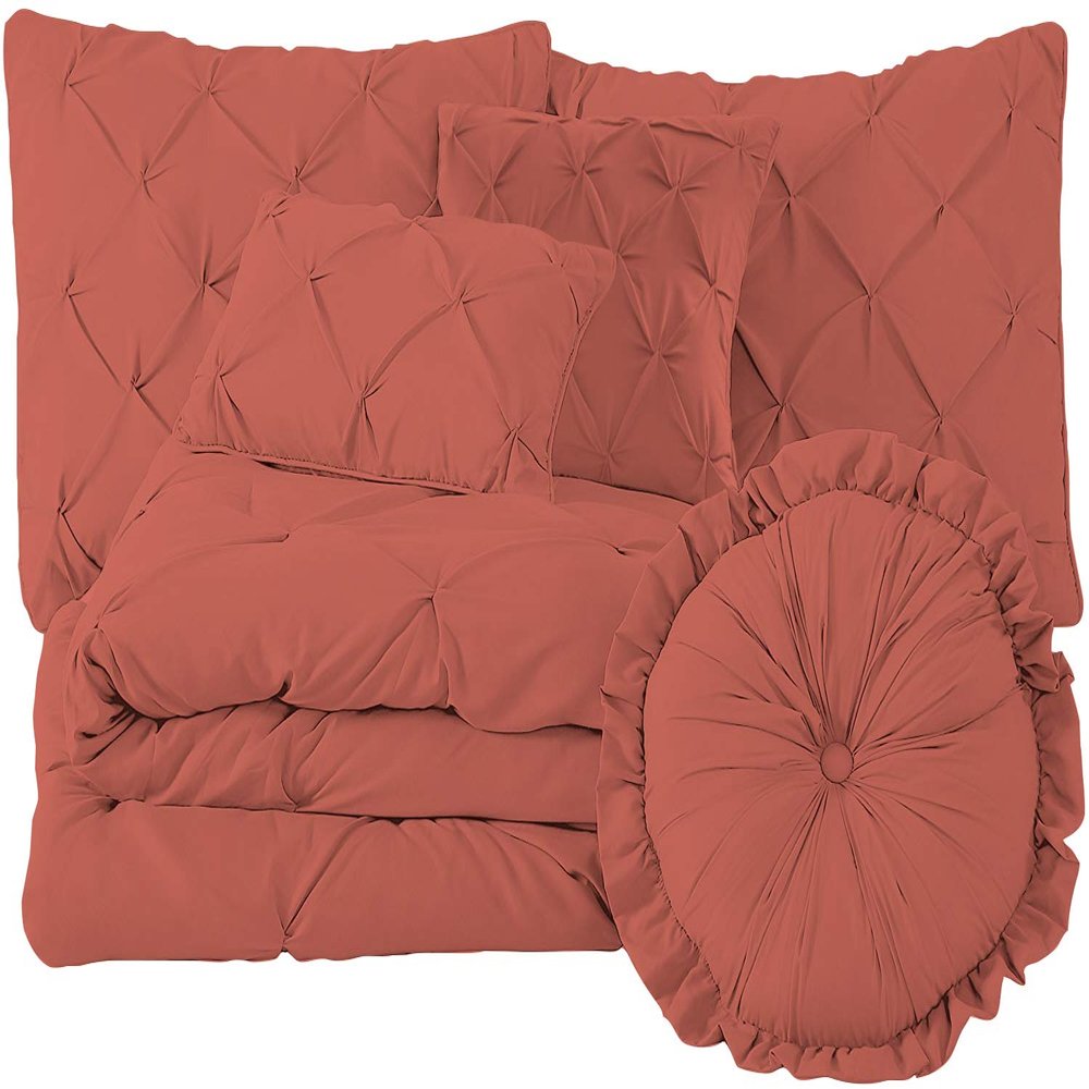 100% Egyptian Cotton 7-Piece Pinch Pleat Pintuck Bedding Comforter Set, 800 Thread Count (Queen, Brick Red)
