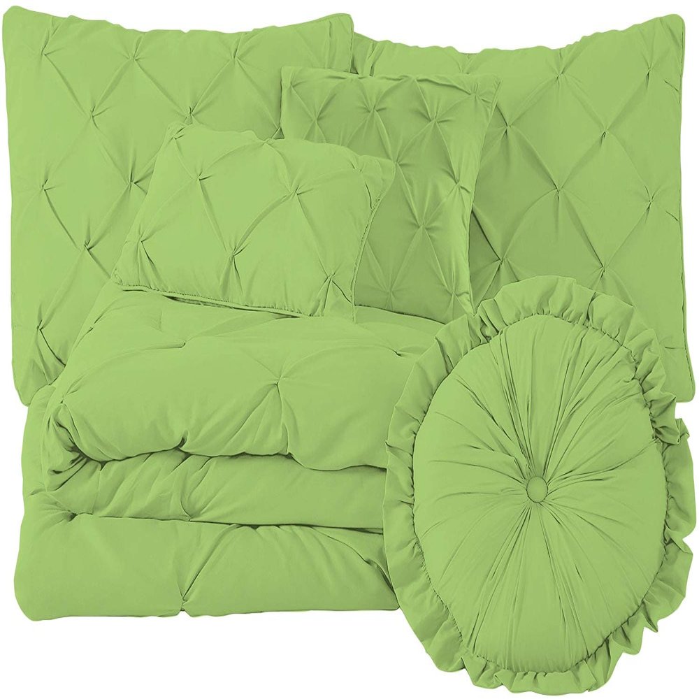 100% Egyptian Cotton 7-Piece Pinch Pleat Pintuck Bedding Comforter Set, 800 Thread Count (Queen, Sage)