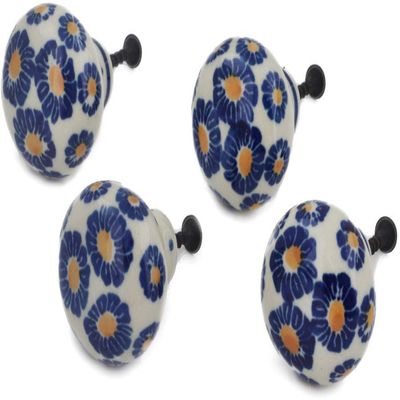 Polmedia Polish Pottery Set of 4 Drawer Pull Knobs 1-1/2 inch - Blue Zinnia Pattern Handmade in Boleslawiec Poland by Ceramika Artystyczna + Certificate of Authenticity