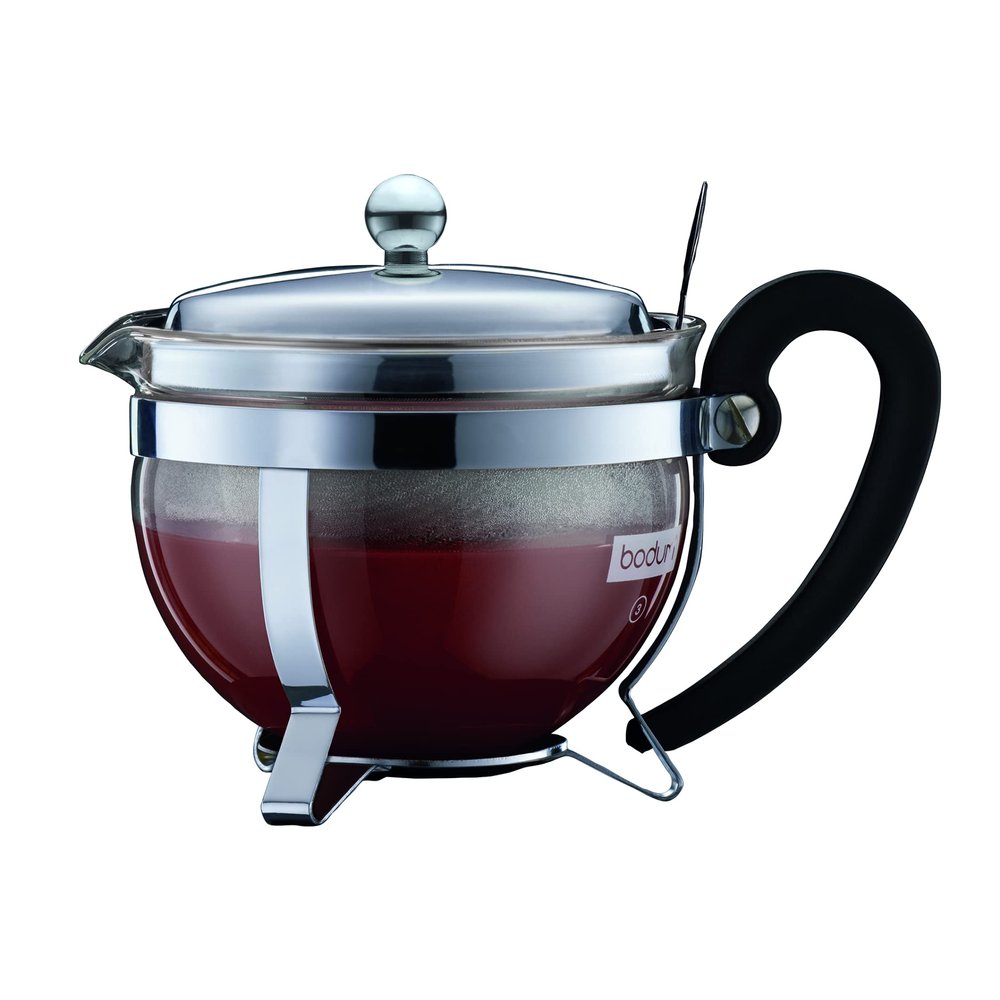 BODUM 12030-16 CHAMBORD Teapot, 16.9 fl oz (500 ml), Silver, Green Tea, Chinese Tea, Herbal Tea, Fruit Tea, Stainless Steel Filter, Glass Beaker, Dishwasher Safe