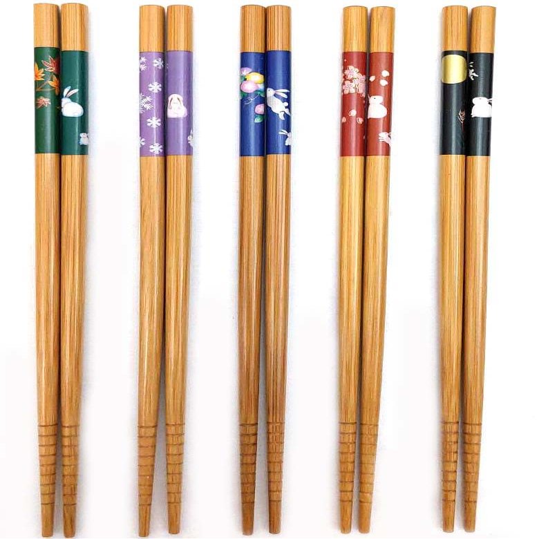 Bamboo Chopsticks Set, Japanese Reusable Wooden Chopsticks with Traditional Pattern Designs, Non Slip Tips Dishwasher Safe Asian Chopsticks for Sushi Ramen Noodles Rice Dining (10, Bunny/Natural)