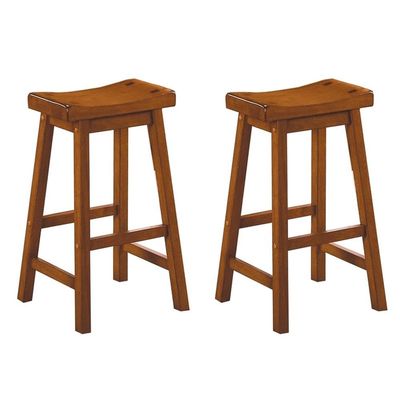 Pemberly Row 29" Solid Wood Saddle Stools for Bar Table, Counter Height Backless Chairs for Small Spaces, Farmhouse Pub Stools for Kitchen, Oak Brown, Set of 2
