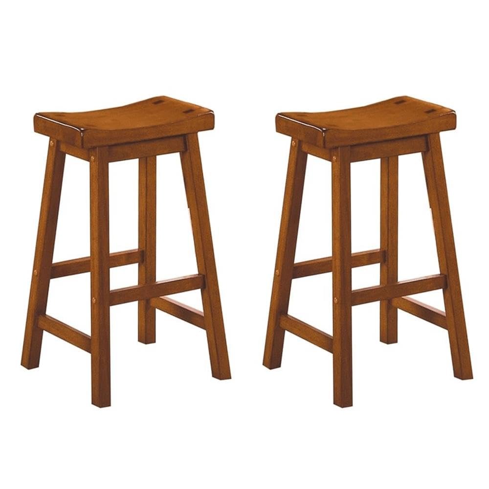 Pemberly Row 29" Solid Wood Saddle Stools for Bar Table, Counter Height Backless Chairs for Small Spaces, Farmhouse Pub Stools for Kitchen, Oak Brown, Set of 2