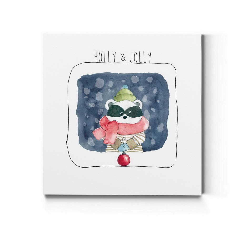 Renditions Gallery Abstract Animal Wall Art for Home Decor Holly & Jolly Christmas Raccoon Canvas Hanging Artwork for Dining Living Room Kitchen Decorations - 10"X10" LT05