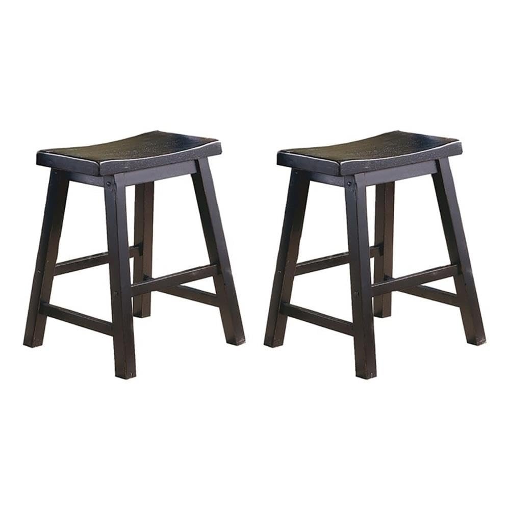 Pemberly Row 18" Solid Wood Saddle Stools for Dining Room, Farmhouse Backless Chair for Small Kitchen Spaces, Black, Set of 2