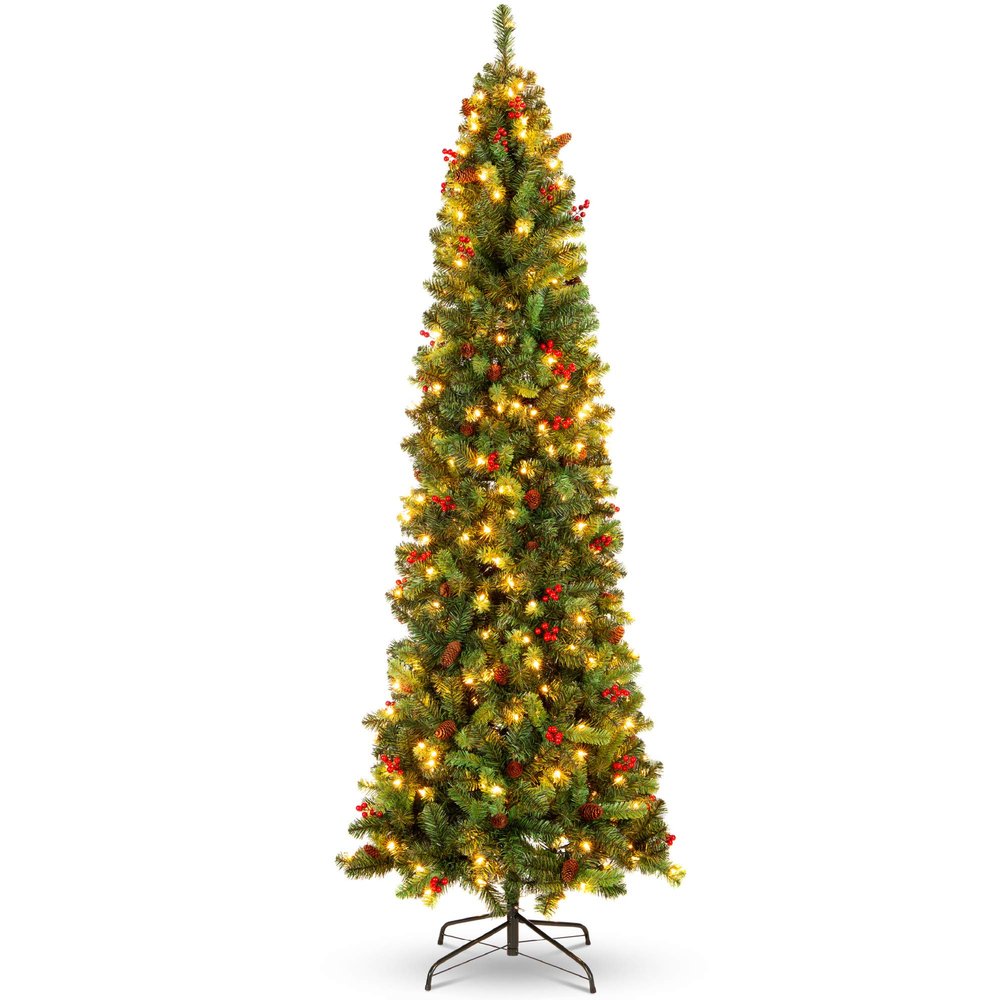 Best Choice Products 7.5ft Pre-Lit Spruce Pencil Christmas Tree Pre-Decorated for Home, Office, Party, Holiday Decoration w/ 1,075 Tips, 350 Lights, Pine Cones, Metal Hinges & Base - Green