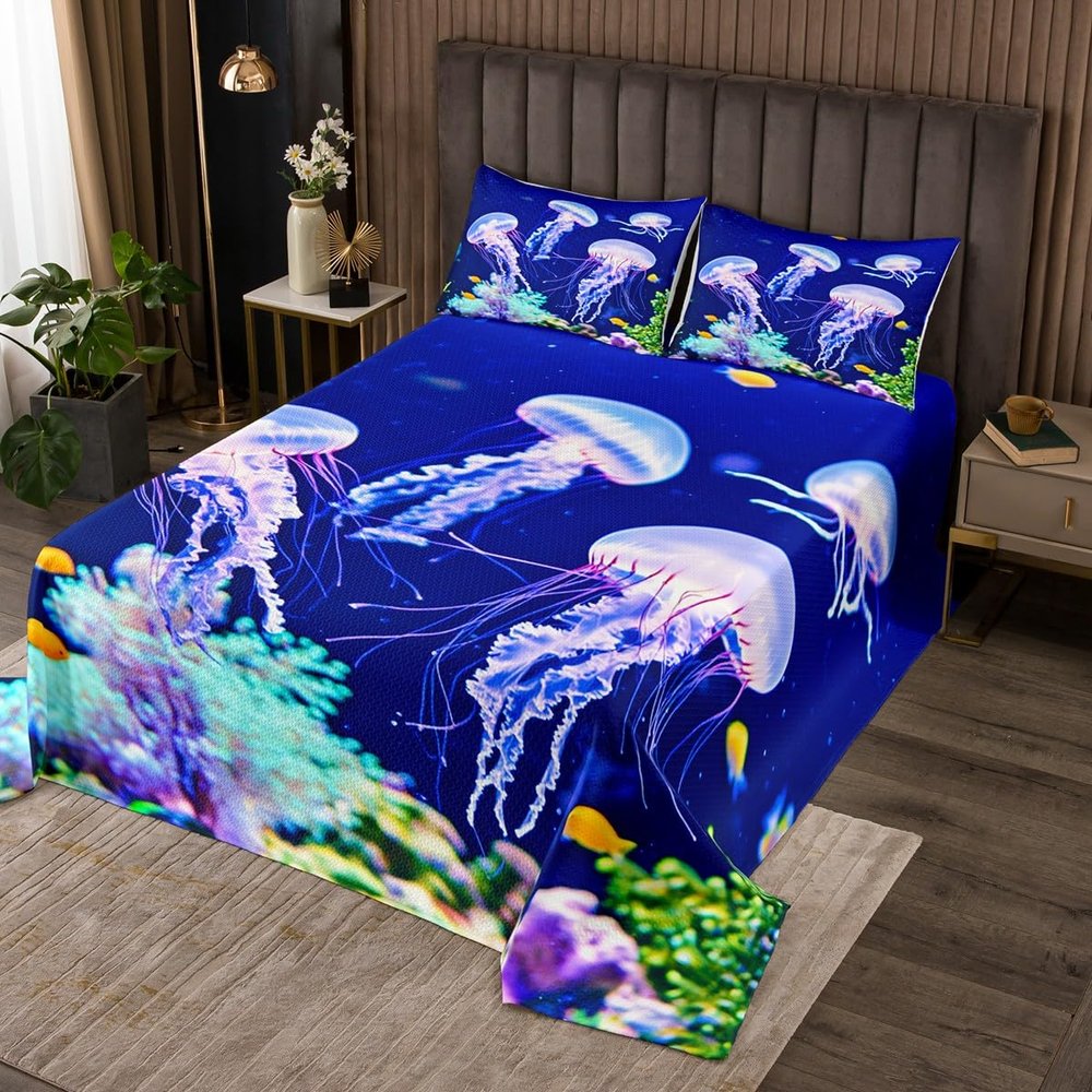 3D Jellyfish Bedspread, Boys Teens Ocean Theme Coverlet Set Marine Life Jellyfish Quilted Coverlet,For Adult Women Girls Blue Purple Sea Animal Bedspread Quilt Set Coral Fishes Decor Bedspread, Twin