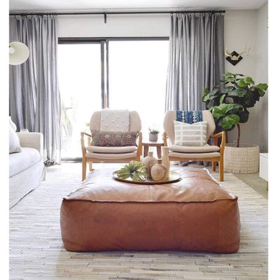 Amazing Large Square Leather Pouf - Handmade Natural Cow Leather - Moroccan Pouf, Living Room Ottoman - Only Cover (50x35x14 inch)