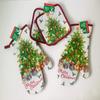 CABE Merry Christmas Tree Kitchen Linens 4pc Set 2 Oven Mitt 2 Pot Holder White Red Green Holiday Decor Festive view 1