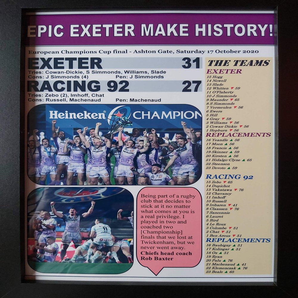 Exeter Chiefs 31 Racing 92 27 - 2020 Champions Cup final - framed print