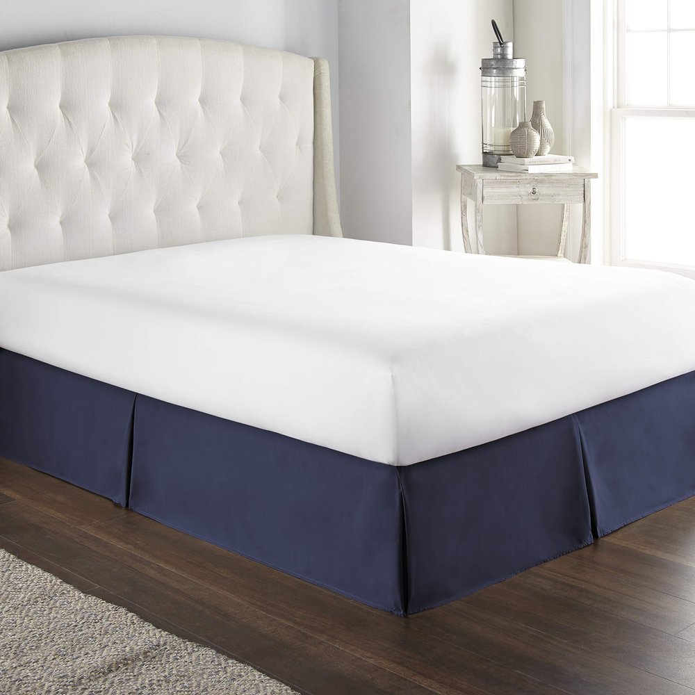 100% Cotton 800 Thread Count Box Pleated Bed Skirt - Luxury Pleated Dust Ruffle, Hotel Quality Modern Bed Skirt, Easy Fit with 15 Inch Tailored Drop, Olympic Queen, Navy Blue