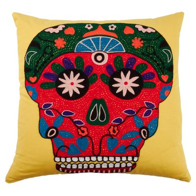 SARO LIFESTYLE Da de Los Muertos Collection Bright Sugar Skull Pillow Cover, 18", Yellow