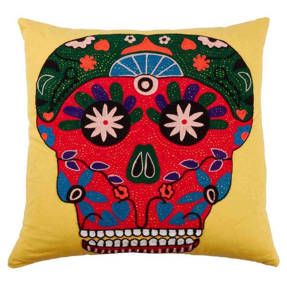 SARO LIFESTYLE Da de Los Muertos Collection Bright Sugar Skull Pillow Cover, 18", Yellow