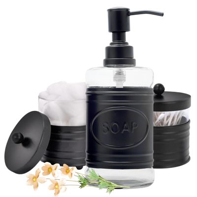 Autumn Alley Adorable 3 Piece Modern Farmhouse Bathroom Accessory Set for Sink/Vanity - Matte Black Soap Dispenser, Cotton Ball Container with Lid, Qtip Organizer Rustic Farmhouse Bathroom Decor