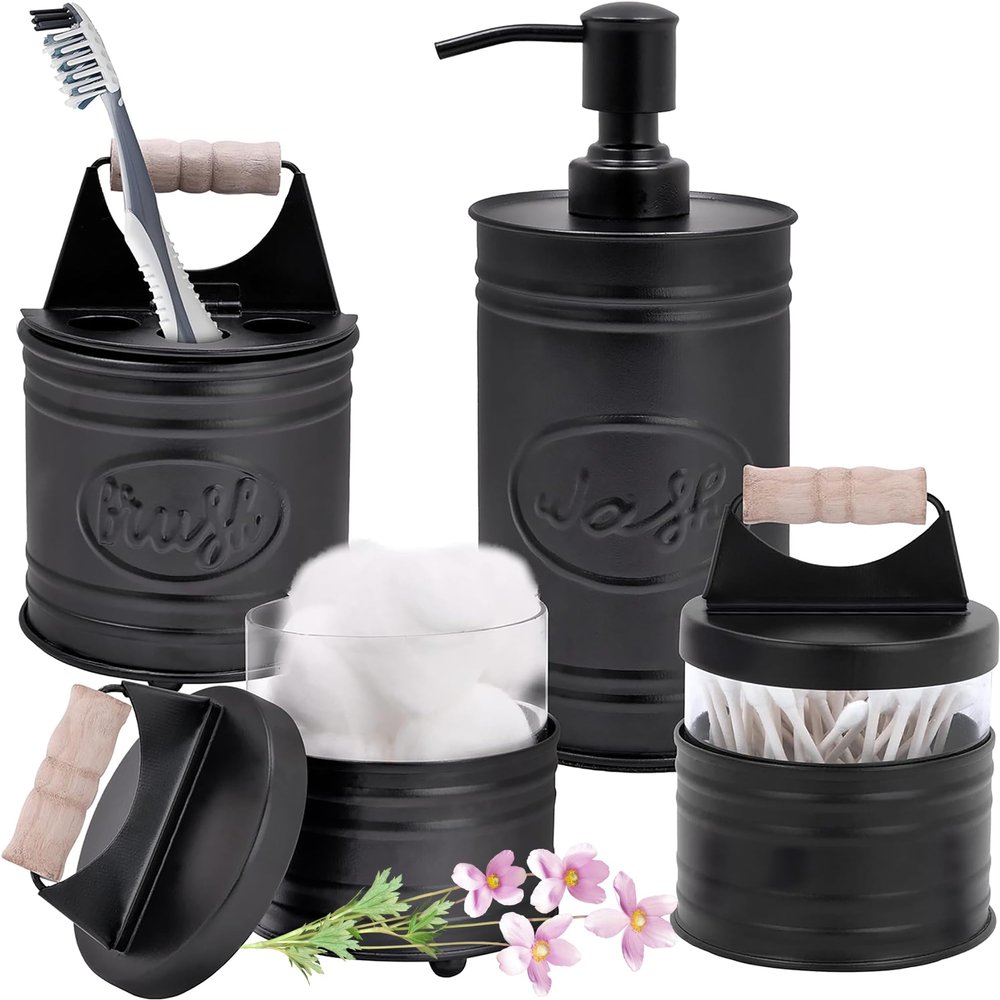 Autumn Alley Rustic Bathroom Accessories Set Black Farmhouse Soap Dispenser, Matte Black Toothbrush Holder, 2 Apothecary Jars Qtip Holder Glass - Rustic Bathroom Decor, Farmhouse Bathroom Accessories
