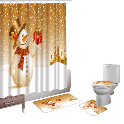 Amagical Christmas Cute Snowman with Gift Pattern Bathroom Mat Set Shower Curtain Set Bath Mat Contour Mat Toilet Cover Shower Curtain with 12 Hooks