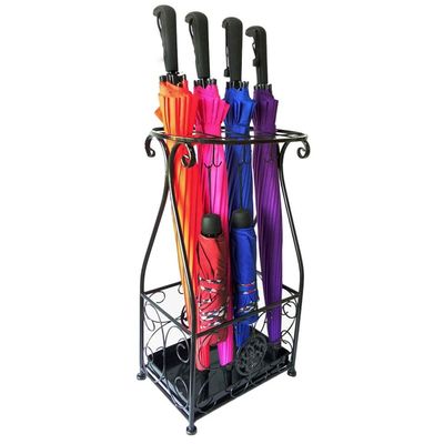 Umbrella Racks AYY European Style Antique Iron Umbrella Stand Umbrella Holder, Hotel Family Umbrella Pole Storage Rack with Detachable Drip Tray, 12 Holes and 12 Hooks, 31x22x57cm (Color : Black)