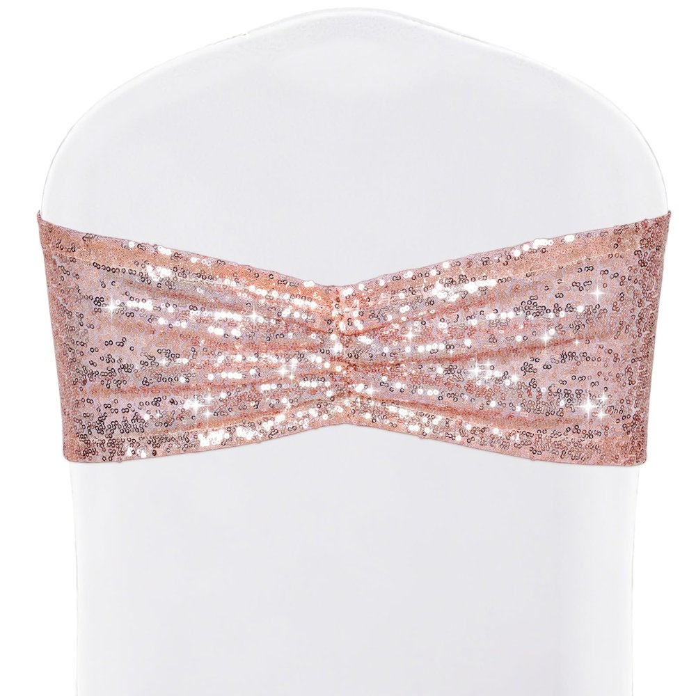SquarePie Pack of 10 Sequin Chair Sashes Bands Shining Rose Gold Bows for Wedding Banquet Party Decor