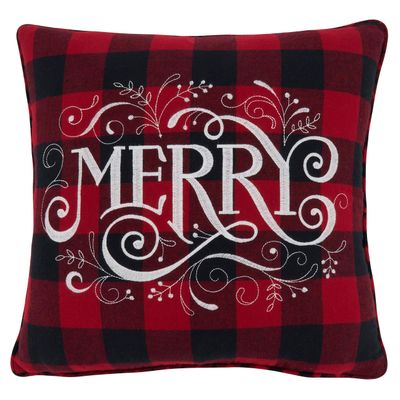 SARO LIFESTYLE Christmas Collection Buffalo Plaid Merry Pillow Cover, 16", Red