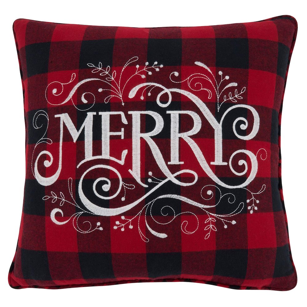 SARO LIFESTYLE Christmas Collection Buffalo Plaid Merry Pillow Cover, 16", Red