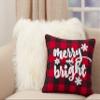 SARO LIFESTYLE Christmas Collection Buffalo Plaid Merry Pillow Cover, 16", Red view 3