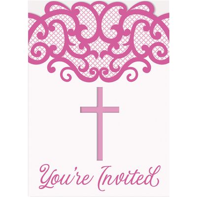 Fancy Pink Cross "You're Invited" Invitations (Pack of 8) - Elegant Party Essential for a Blessed Celebration