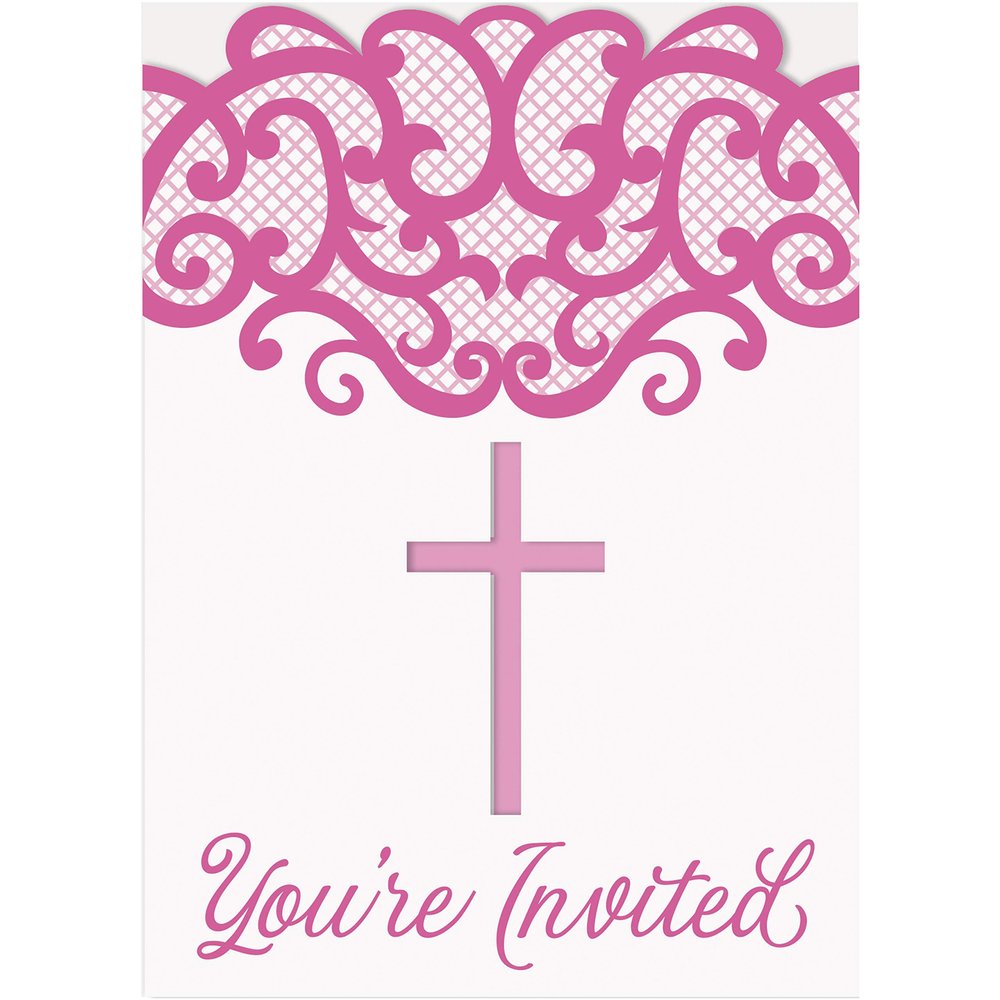 Fancy Pink Cross "You're Invited" Invitations (Pack of 8) - Elegant Party Essential for a Blessed Celebration