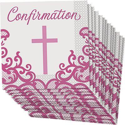 Fancy Pink Cross Confirmation Luncheon Napkins (Pack of 16) - Elegant & Blessed Party Essential, Perfect for Confirmation Celebrations
