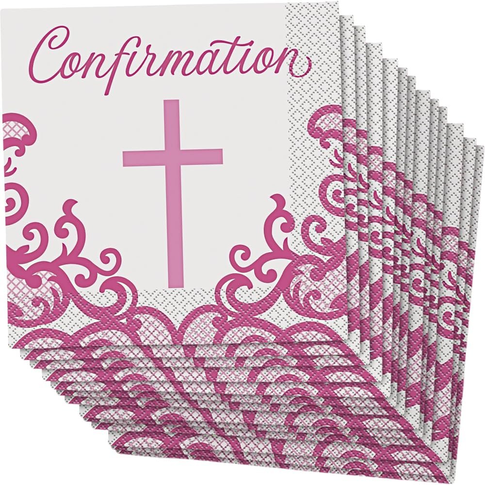 Fancy Pink Cross Confirmation Luncheon Napkins (Pack of 16) - Elegant & Blessed Party Essential, Perfect for Confirmation Celebrations