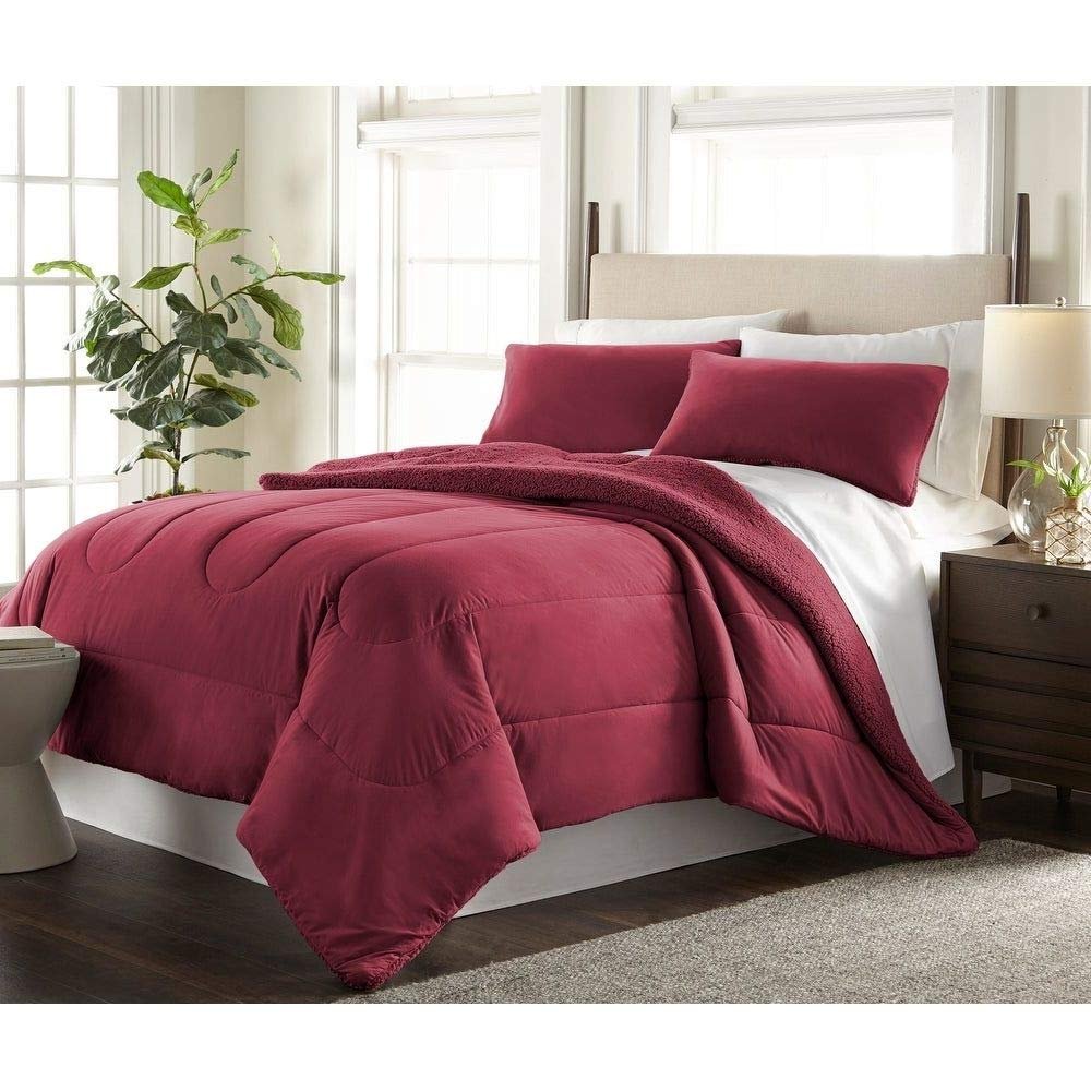 HNU 2 Piece Cabin Lodge Warm Fashionable Wine Red Comforter Set, Beautiful Design Stitched Solid Color Flannel Material Reversing to Sherpa Soft Bedding Twin Size